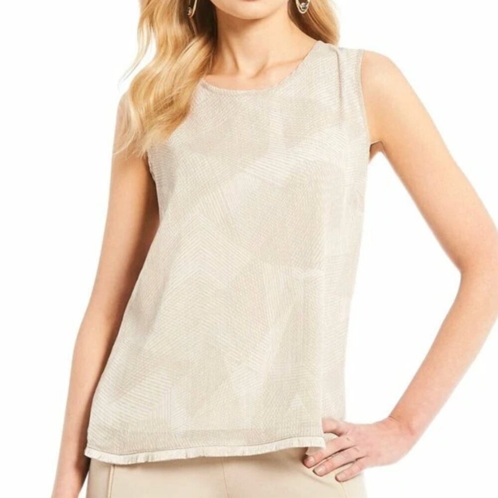 NEW NWT H HALSTON Shell Eyelash Fringe Beige Tan Sleeveless Geometric Tank Top